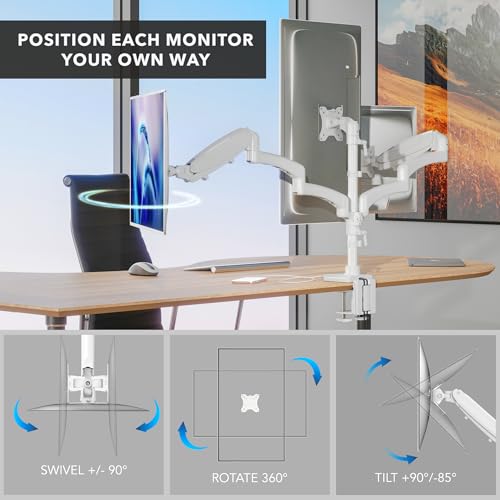 Image of Mount-It! Triple Monitor Mount, 3 Monitor Desk Mount, Gas Spring Arms, Fits 13-27 inch Screens, VESA 75 & 100, Clamp or Grommet, USB-A & USB-C, White