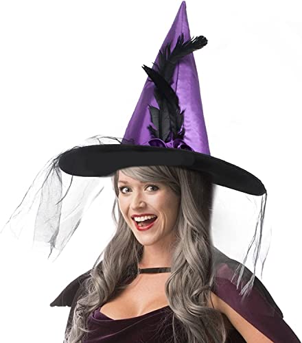 JUSTOTRY Magic Master Purple Witch Hat for Halloween Party Hats for Women & Girls Women's Witch Hats with Roses & Feathers(Purple)