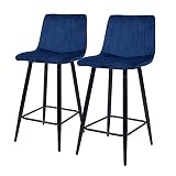 LEMROE Tabourets de Bar 2 Set, Velours Tabouret de Cuisine et Bar, Pieds métalliques Stables, Dossier et Assise rembourrés Souples, Chaises de Cuisine Modernes, (65cm, Bleu)