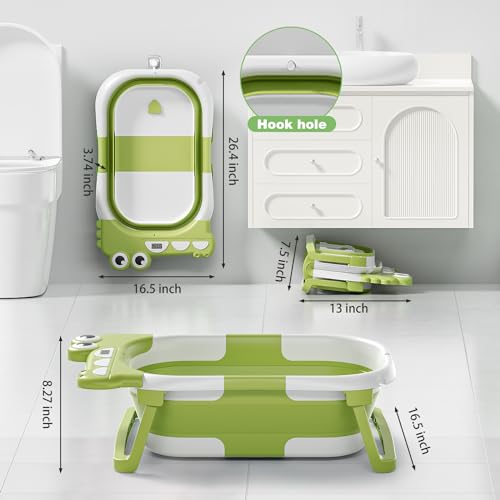 Image of Collapsible Baby Bathtub for Newborn, Foldable Baby Bath Tub with Thermometer & Soft Floating Cushion & Drain Hole, Portable Travel Infant Bath Tubs for Newborns to Toddler 0-36 Months Girl, Green