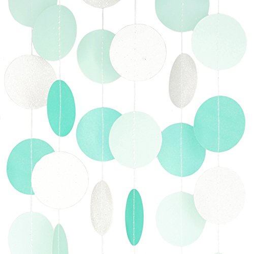 Circle Dots Paper Party Garland Streamer Backdrop (10 Feet Long) - Aqua, Mint, Pearl White Glitter #TOP1