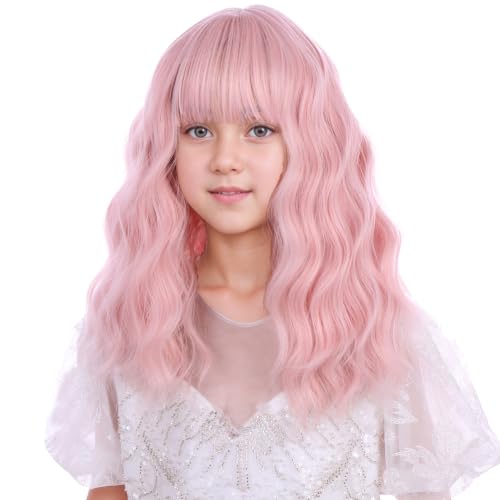 Image of Children Pastel Pink Wig Kids Short Light Pink Wavy Curly Wigs Girls Wig with Air Bangs Synthetic Cosplay Hair Wigs