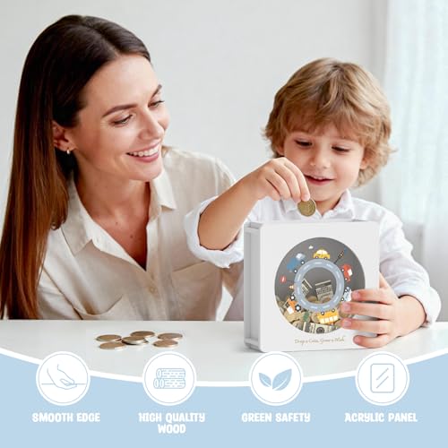 Image of Summidate Wooden Money Saving Box, Clear Window Cash Vault Savings Box with DIY Stickers, Personalized Car Piggy Bank for Kids & Adults, Birthday /Baby Shower /Wedding Gift