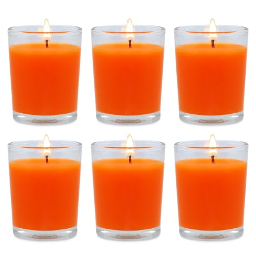 6 Pack Unscented Orange Votive Candles in Glass, 2 Inch Natural Soy Wax Scentless Fall Harvest Autumn Candles for Halloween Thanksgiving Wedding Party Home Holiday Relaxation, 12-15 Hour Burning Time