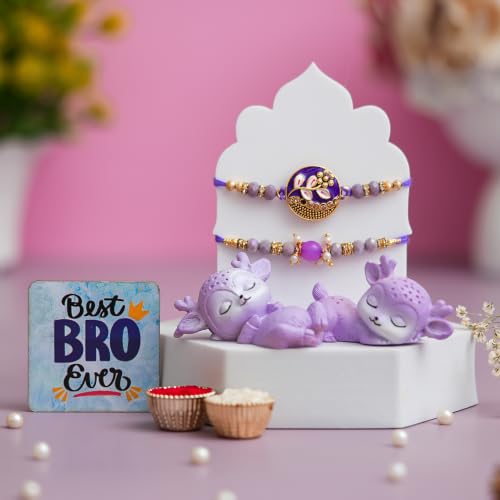 Image of eCraftIndia Designer Rakhi Gift Set for Brother with Best Bro Ever Fridge Magnet & Decorative Deer Showpieces | Premium Beaded Rakhi with Roli Chawal | Raksha Bandhan Gift Hamper for Bhai