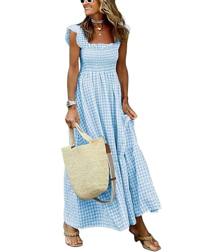 Image of SOMTHRON Women's Square Neck Plaid Smocked Dress Ruffle Sleeveless Tiered Flowy A-Line Checkered Maxi Long Dress