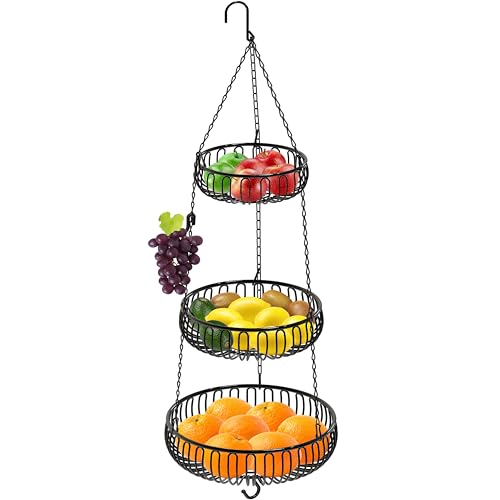 Simple Houseware Adjustable Metal Hanging Fruit Basket, Oblate, Black, 11' W x 11' L x 30' H