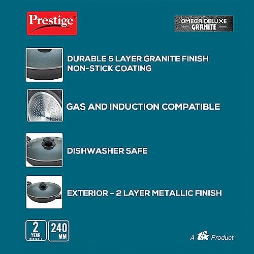 Prestige Omega Deluxe Non-Stick Kadhai | 2.4 litres | Black | Induction Base | Non-Stick Granite Finish | Scratch Resistant | Dishwasher Safe |... - Image 5