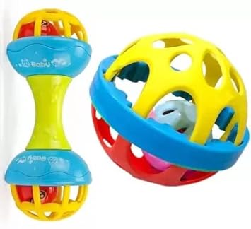 Noxxi Soft Ball and Dumbbell Rattle Toy for Baby Bath Safe Non-Toxic Colorful Plastic Tasteless Hanging Gift 100% Safe for Infants New Born Babies