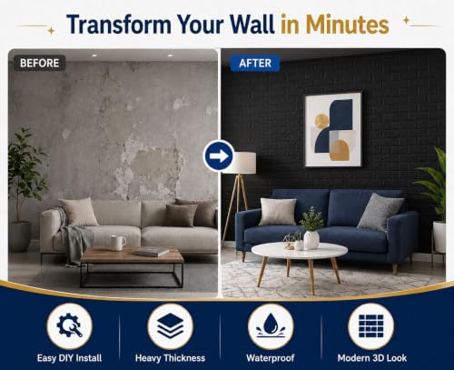 Image of 3D Brick Wallpaper for Wall | Self Adhesive PE Foam DIY Panel | Peel & Stick Decor for Home, Living, Bedroom & Office (70 x 77 cm, Appx 5.8 Sq Ft) (15, Black)