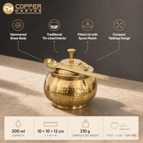 Image of Copper-Master Pure Brass Hammered Ghee Pot with Kalai Tin Lining (300 ml)