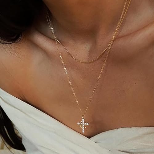 Dainty Cross Necklace for Women, Gold Cross Necklace With Crown Rotated Pendant Cubic Zirconia Diamond 18 K Gold Plated Cute Simple Cross Crown Jewelry for Women3