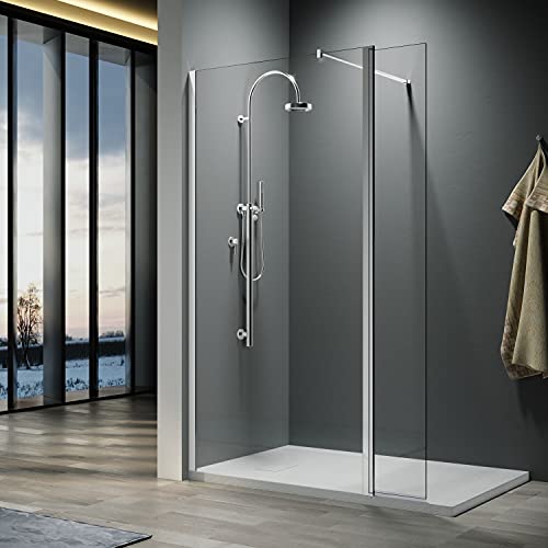 ELEGANT 800mm Frameless Wet Room Shower Screen Panel 8mm Easy Clean Glass Walk in Shower Enclosure with 300mm Return Panel and Support Bar