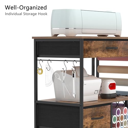 Image of VENNQD Storage Cart Compatible with Cricut Machines Stand Cutting Machine Stand with Drawers and Vinyl Roll Holder Rolling Craft Cabinet Table for Cricut Craft Workstation (Rustic Brown)