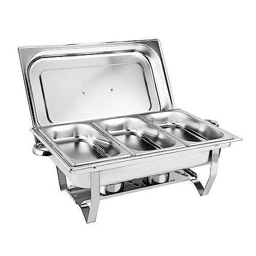 Juego de platos de acero inoxidable, calentador de alimentos de 9 L, estufa de comedor plegable de 3 compartimentos para bufés, catering, fiestas, bodas, zonas de desayuno