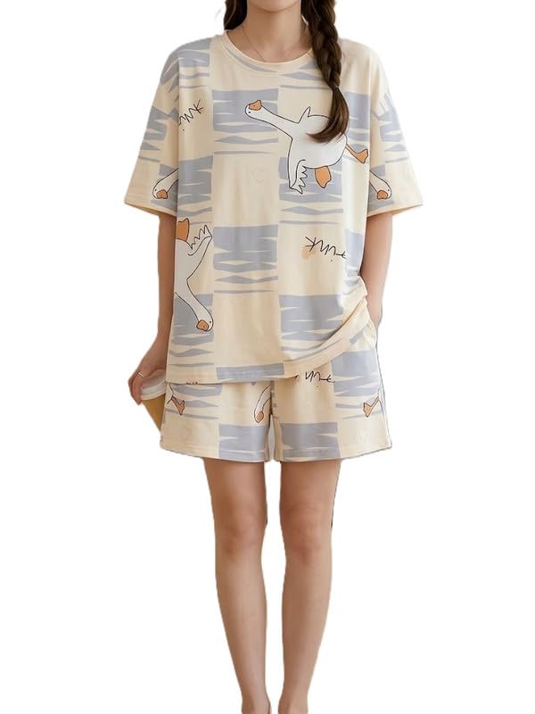 Women Printed Short Sleeve Oversized Lounge Set Soft Cotton Feel Relaxed Shirt with Comfortable Pyjama Night Suit
