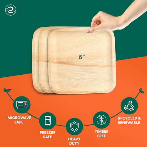 ECO SOUL Palm Leaf Plates 6”(15cm) Square (50 Count) Small Bamboo Plate |Eco Friendly, Biodegradable, Compostable Heavy-Duty Plate, Disposable Plates for Dinner, Party & Events