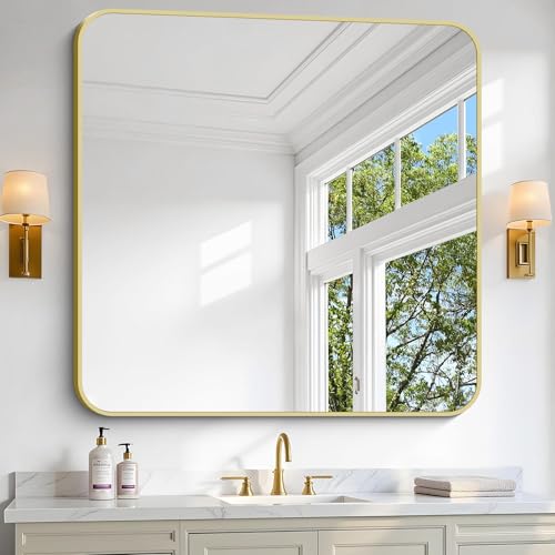 Image of Gold Bathroom Mirror, 42x42 Inch Metal Framed Square Mirror, Rounded Corner Gold Vanity Mirror, Large Wall Mounted Mirrors for Living Room Bedroom Entryway Hangs Horizontal or Vertical