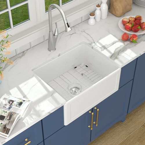 Lordear Farmhouse Kitchen Sink 24 Inch White Apron-Front Fireclay Porcelain Ceramic Single Bowl Small Reversible Farm Sink 24x18x10 Inch