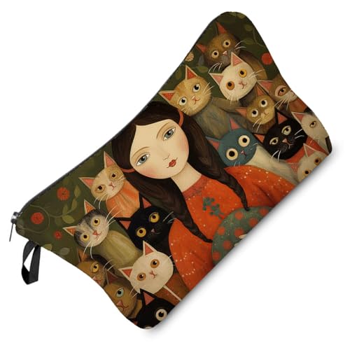 Livel lhood Young Lady with Cats Makeup Bag Folk Art Painting Small Cute Organizer Bag Zipper Pouch Young Lady with Cats Print Cosmetic Bag Present for Women Friends Cat Lovers