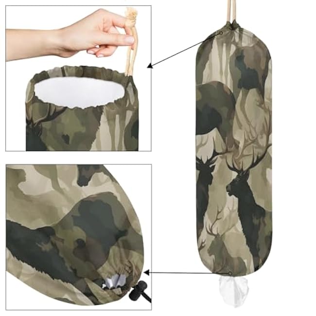 Plastic Bag Holder, Camouflage Deer Washable Grocery Bag Storage Dispenser Reusable Hanging Shopping Bags Carrier Wall Mount Plastic Bag Organizer for Home Kitchen Decor