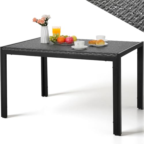 LIFERUN Gartentisch PE-Rattan 119x74cm, Esstisch Rechteckig für 6 Personen, Wetterfester Balkontisch Höhenverstellbar, Stabil Metall Rahmen, Terrassentisch für Garten, Balkon Outdoor, Gastro (Grau)