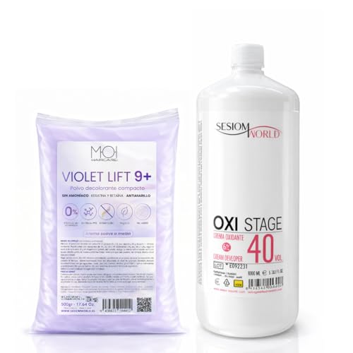 Pack Oxigenada en Crema 1000ml 40 Vol + Polvos Decolorantes de Cabello VIOLETA 9 tonos 500gr | Fórmula Vegana | Superaclarante | Antiamarillo | Con Keratina y Betaína sesioMWorld