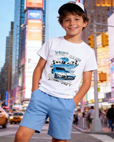 Image of OLMRJKD Boys 2 Piece Outfits Short Sleeve Colorblock T-shirt and Shorts Summer Casual Clothes for 6-12 Years
