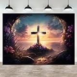 ASDCXZ 3,6 x 2,4 m Kreuzhintergrund, Jesusgrab, Heilige Kreuzigung, Fotografie, Hintergrund, Auferstehung Jesus, Blumenhöhle, Sonnenuntergang, christliche Kirche, Event, Banner, Dekorationen, Ostern