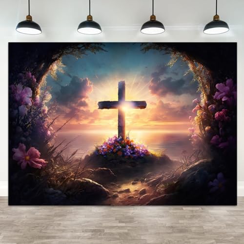 ASDCXZ 7x5ft Cross Backdrop Jesus Tomb Holy Crucifixion Photography Background Resurrection of Jesus Flower Cave Sunset Christian Church Event Banner Decorations Easter Portrait Photo Booth Prop