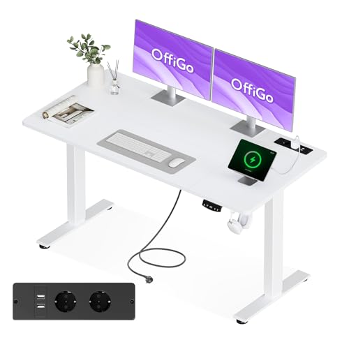 OffiGo Escritorio Elevable, 160x80cm Mesa Elevable Escritorio con Enchufes y Carga USB, Mesa Regulable Altura con 2 Memorias, Standing Desk para Oficina, Casa, Juegos, Blanco