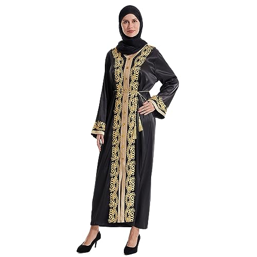 Robe traditionnelle à manches longues pour femme avec élégant motif floral doré