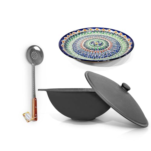 ZARENHOFF Hierro fundido Kazan 16 L Ø 46,5 cm de fondo plano con Lagan Ø 37 cm Espumadera para olla Plov uzbeko WOK Kazan Ljagan Namangan Asia Казан казан казан (Set 617)