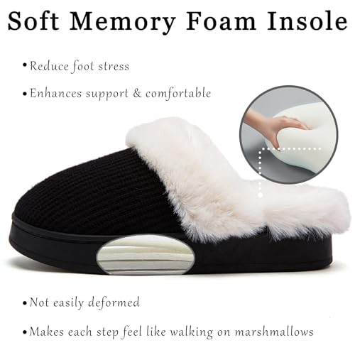 Women's Fuzzy House Slippers Comfy Memory Foam Bedroom Slippers Warm Knit Fluffy Plush Slip-on House Shoes Indoor Outdoor（B777Black11-123