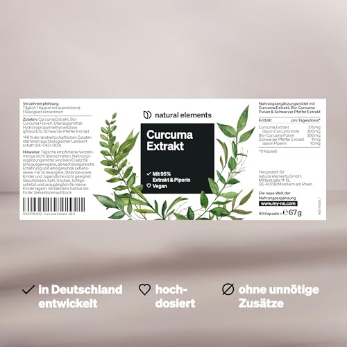 natural elements Curcuma Extrakt – Hochdosiert: Curcumingehalt EINER Kapsel entspricht 10.000mg Kurkuma – Hochdosiert aus 95% Extrakt – 90 Kapseln