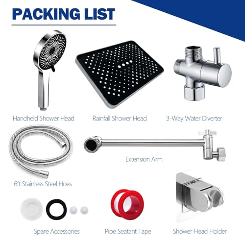Image of Shower Head,14 inch High Pressure Shower Combo,Rainfall Shower System with Handheld Spray,All Metal 3-Way Diverter & 6ft Hose,Anti-Clog Nozzles,Easy to Install in Bathrooms-Chrome
