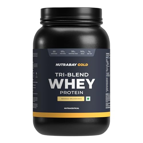 Image of Nutrabay Gold Tri Blend Whey Protein Powder - 1kg, Mango Milkshake | 25g Protein, 5.5g BCAA | Concentrate, Isolate, Hydrolyzed Protein | Muscle Growth & Recovery | Gym Supplement for Men & Women
