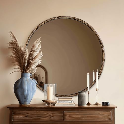 Image of ANDY STAR Hand-Forged Bronze Round Bathroom Mirror, 30 Inch Antique Oil Rubbed Bronze Circular Mirror, Solid Steel Hammered Rounded Mirrors for Wall Decor, Vanity, Washroom, Entry, Fireplace