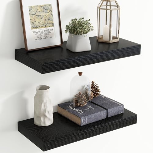 Image of 20 Inch Floating Shelves for Wall, 8 Inch Deep Floating Shelf for Storage & Display, Rustic Wall Mounted Shelf with Invisible Brackets for Living Room, Kitchen, Bathroom, Home Decor, Set of 2, Black