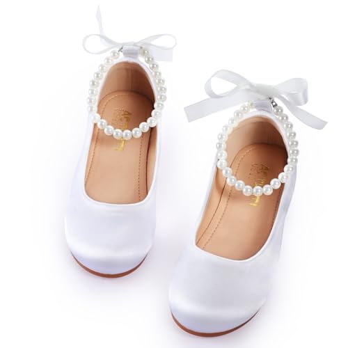 Toddler Girls Dress Shoes Flower Girls Kids Mary Jane Ballet Flats Wedding Party Communion Princess Shoes(White Silk,Little Kid 13)