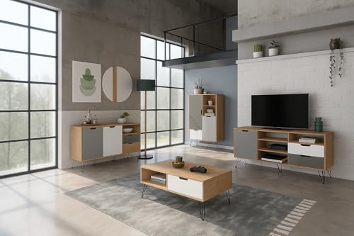 MOMMAHOME® Conjunto Completo de Salon y Comedor, Modelo Estocolmo, Acabado Roble, Blanco y Gris, Aparador + Mueble TV + Mesa de Centro + Aparador Alto Botellero