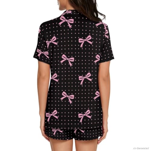 Image of Renewold Button Down Womens Pajama Set Short Sleeve Loungewear Bow Nightwear Sleepwear Night Suit Tops Shorts 2 Pieces