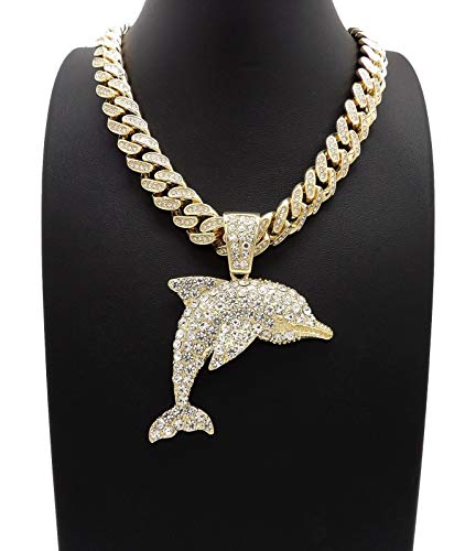 Hip Hop Jewelry Gold Plated Dolphin Pendant & 12mm 18" Full Iced Cuban Choker Chain Box Lock Necklace2