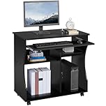 Yaheetech Movable Computer Desk on Wheels Office PC Laptop Table for Small Space, Home Office Compact Desk with Sliding Keyboard Tray, 2 Shelves Corner Desk Table Workstation Black, 80.1x48.1x76.2cm