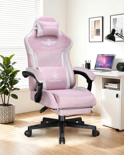 Image of GTPLAYER Gaming Chair with Footrest, Big and Tall Game Chair High Back Computer Office Chair with Lumbar Support for Adults, Ergonomic Swivel Games Chair with Cushion Gaming, Fabric Pink