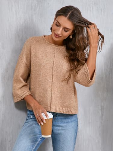 Womens Oversized Lightweight 3/4 Short Sleeve Sweater Spring 2025 Casual Ribbed Knit Crewneck Thin Pullover Top2