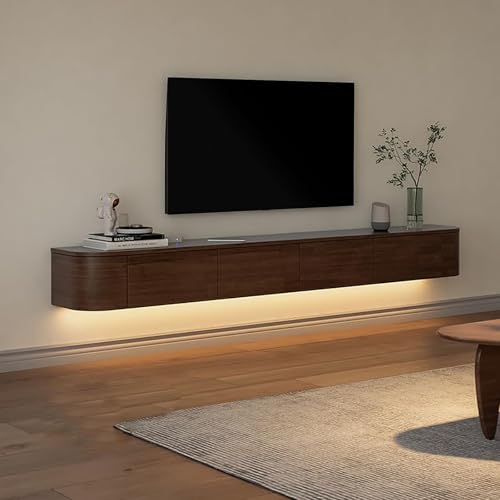 Kchsdool Mueble bajo moderno para TV con iluminación LED, mueble bajo para TV montado en la pared, de madera maciza, con cajones y estantes, consola multimedia para salón (marrón+LED, 200 cm)