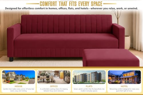 Image of 3 Seater Velvet Sofa with Ottoman | Modern Upholstered Couch | Comfortable Living Room Sofa | Durable & Stylish Seating for Home, Office & Guest Room - Red Color