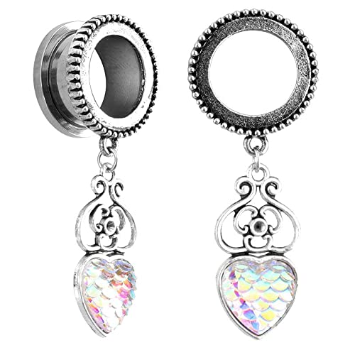 MHT 2Pcs Heart Colorful Resin Dangle Screw Flare Stainless Steel Ear Plugs 16Mm