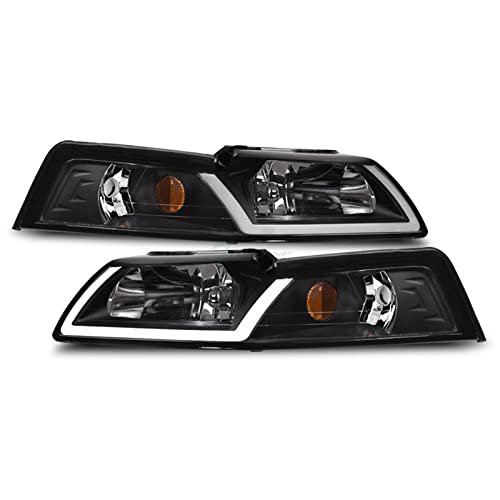 TLAPS 7422447035002 For Mustang 1999-2004 DRL LED Strip Bar Black Housing Headlights With Amber Reflector nb